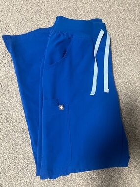 Royal Blue Small Petite Figs Kade Cargo Scrub Pants with Light Blue Drawstrings